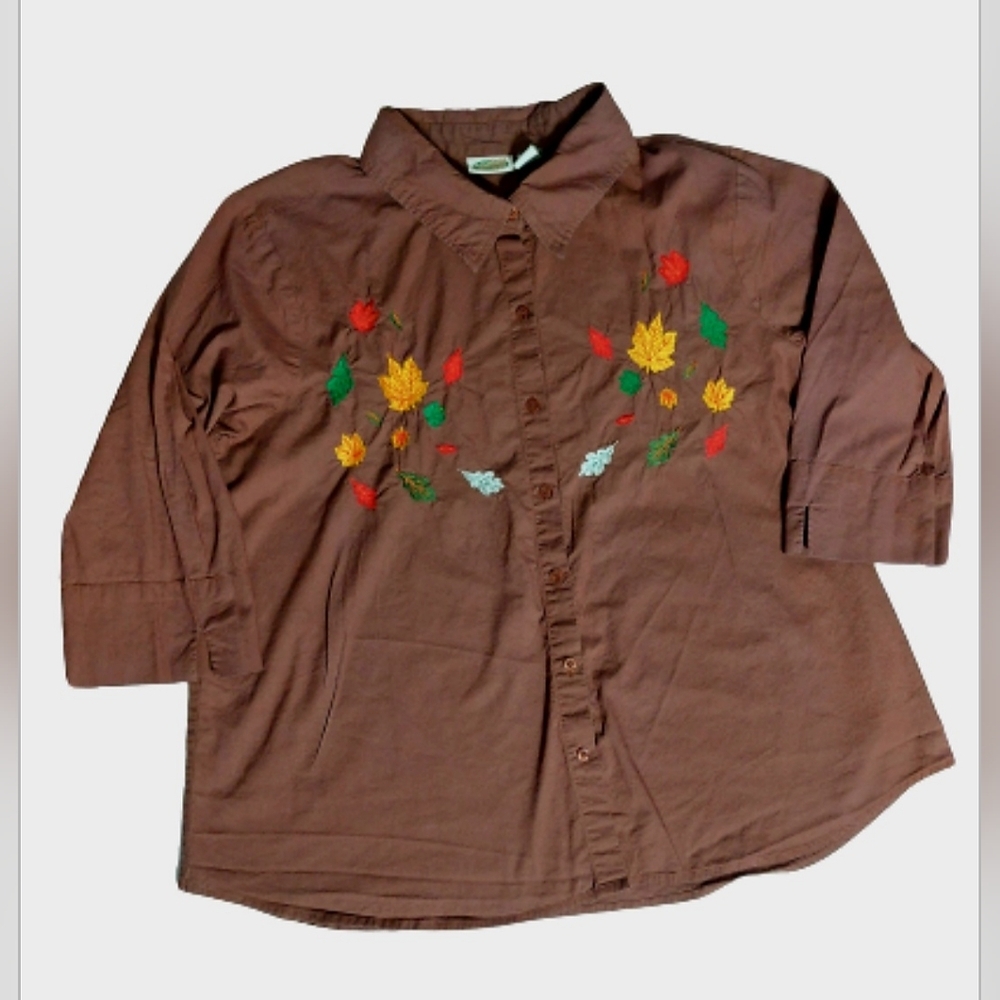 Brown Vtg Collections Etc Embroidered Fall Leaves Button Down 3/4 Sleeve